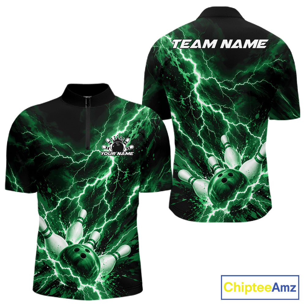 Custom Green Lightning Bowling Team Men Quarter Zip Shirt, Bowling Tournament Jerseys IPHW12383