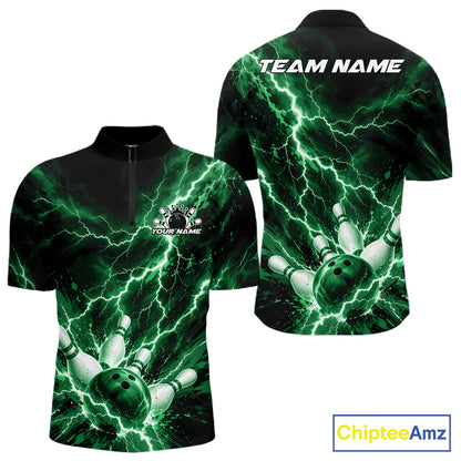 Custom Green Lightning Bowling Team Men Quarter Zip Shirt, Bowling Tournament Jerseys IPHW12383