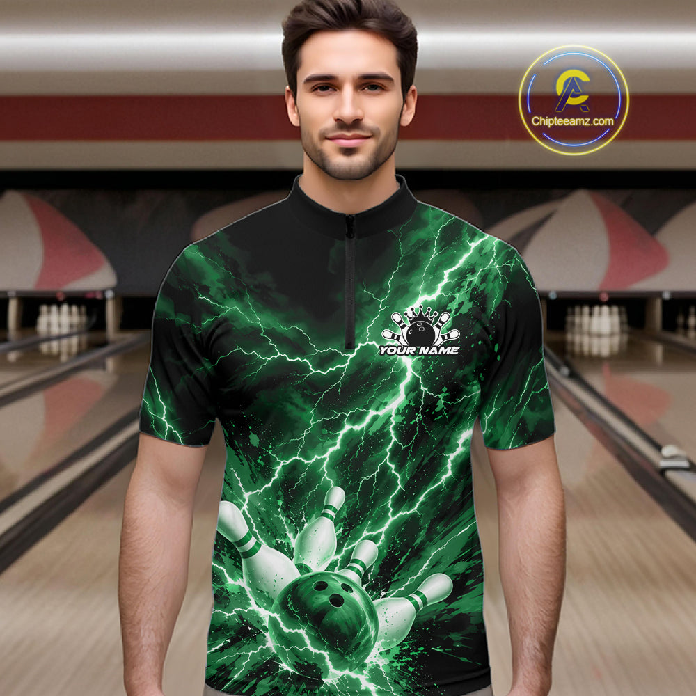 Custom Green Lightning Bowling Team Men Quarter Zip Shirt, Bowling Tournament Jerseys IPHW12383