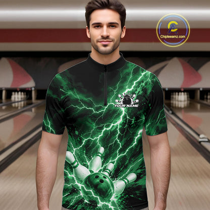 Custom Green Lightning Bowling Team Men Quarter Zip Shirt, Bowling Tournament Jerseys IPHW12383