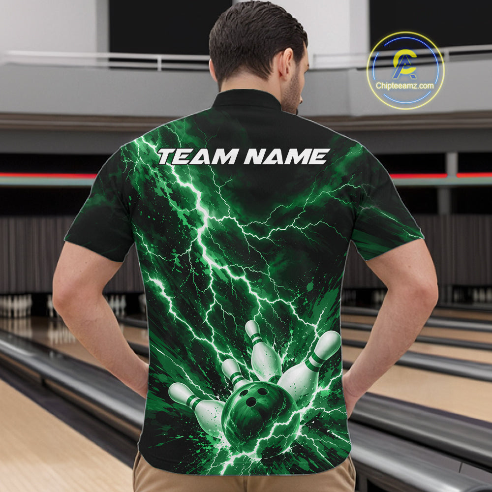 Custom Green Lightning Bowling Team Men Quarter Zip Shirt, Bowling Tournament Jerseys IPHW12383