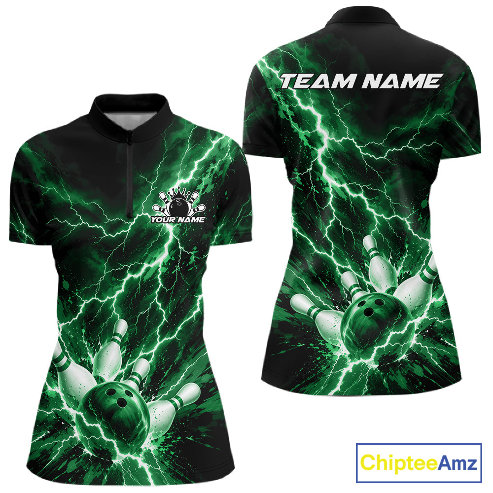 Custom Green Lightning Bowling Team Women Quarter-Zip Shirt, Bowling Tournament Jerseys IPHW12383