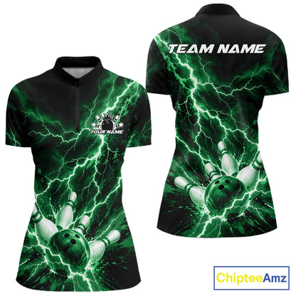 Custom Green Lightning Bowling Team Women Quarter-Zip Shirt, Bowling Tournament Jerseys IPHW12383