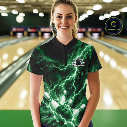 Custom Green Lightning Bowling Team Women Quarter-Zip Shirt, Bowling Tournament Jerseys IPHW12383