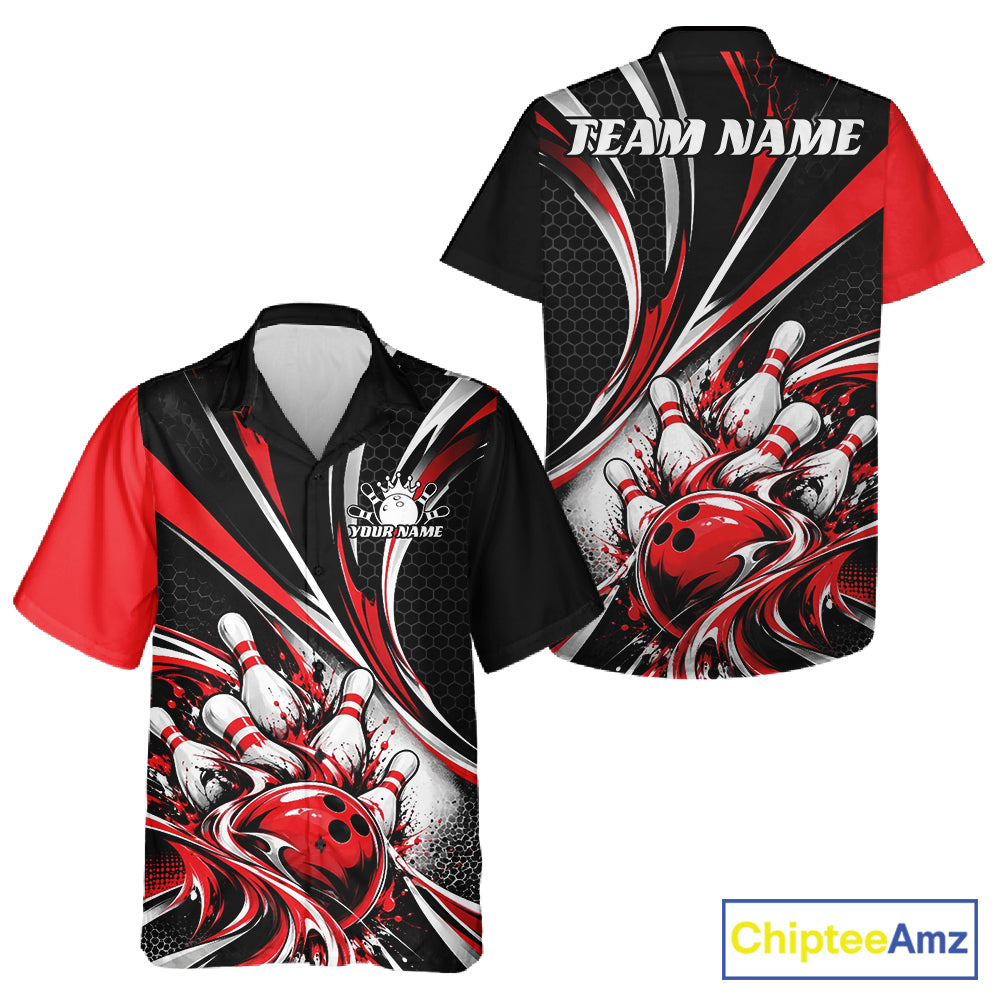 Black And Red Tournament Bowling Jersey, Custom Bowling Team Men And Women Button Up Shirt IPHW12841