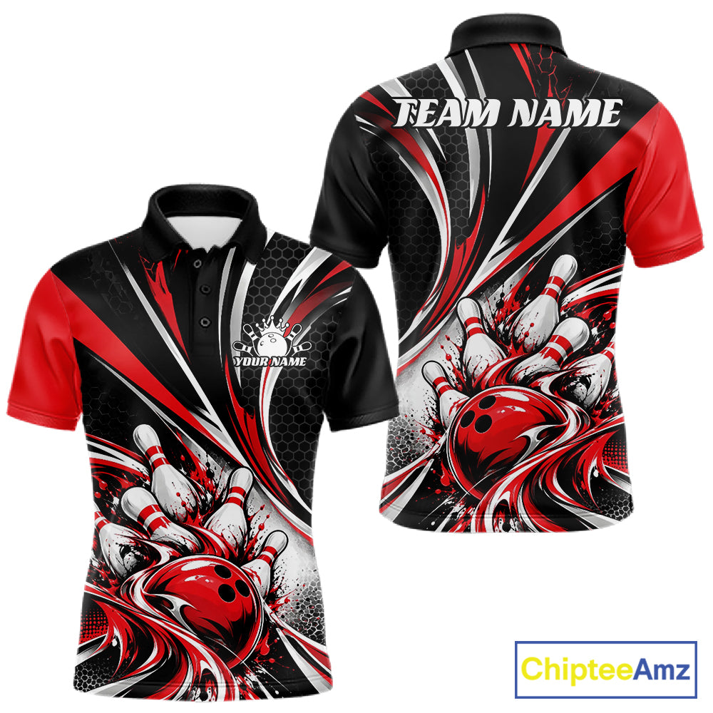 Black And Red Tournament Bowling Jersey, Custom Bowling Team Men Polo Shirt IPHW12841