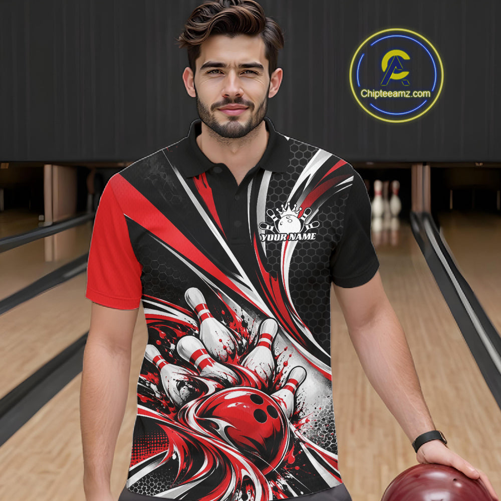 Black And Red Tournament Bowling Jersey, Custom Bowling Team Men Polo Shirt IPHW12841
