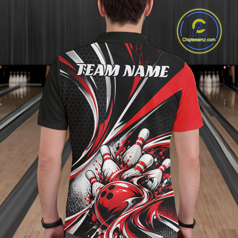 Black And Red Tournament Bowling Jersey, Custom Bowling Team Men Polo Shirt IPHW12841