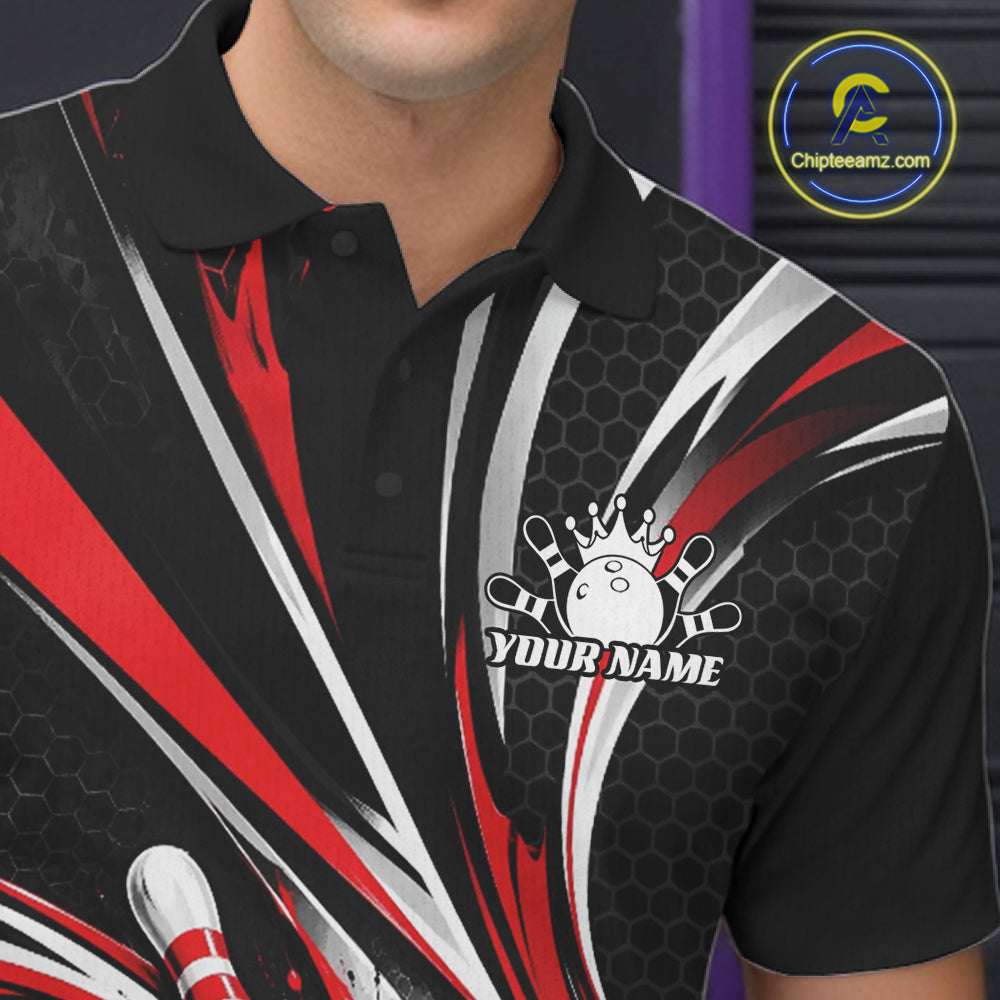 Black And Red Tournament Bowling Jersey, Custom Bowling Team Men Polo Shirt IPHW12841