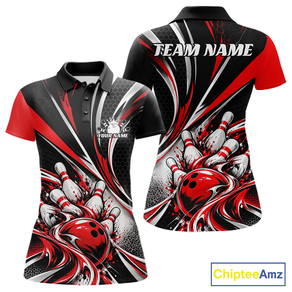 Black And Red Tournament Bowling Jersey, Custom Bowling Team Women Polo Shirt IPHW12841