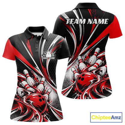Black And Red Tournament Bowling Jersey, Custom Bowling Team Women Polo Shirt IPHW12841