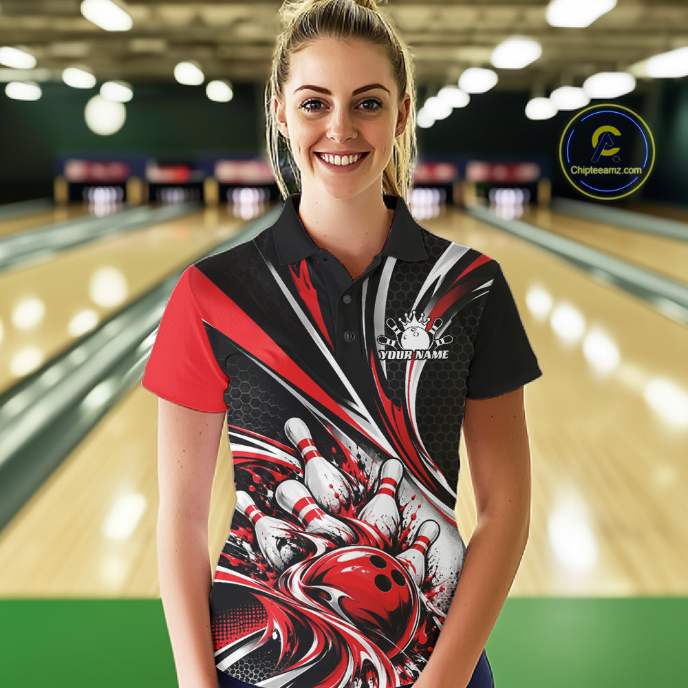Black And Red Tournament Bowling Jersey, Custom Bowling Team Women Polo Shirt IPHW12841