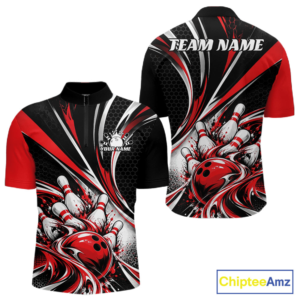 Black And Red Tournament Bowling Jersey, Custom Bowling Team Men Quarter Zip Shirt IPHW12841