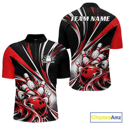Black And Red Tournament Bowling Jersey, Custom Bowling Team Men Quarter Zip Shirt IPHW12841