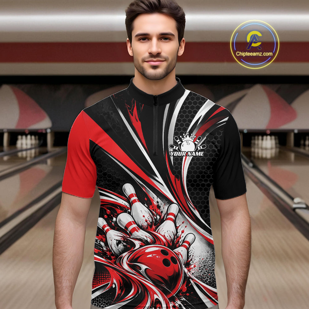 Black And Red Tournament Bowling Jersey, Custom Bowling Team Men Quarter Zip Shirt IPHW12841