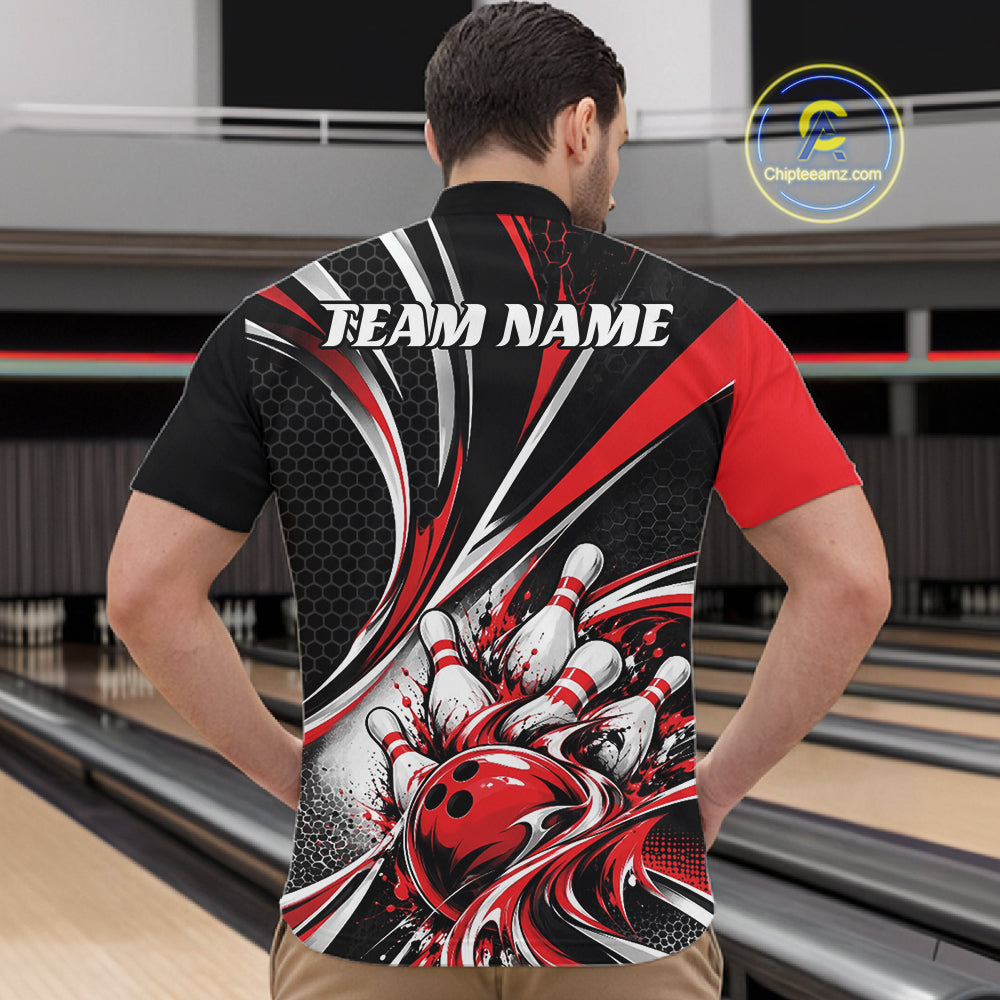 Black And Red Tournament Bowling Jersey, Custom Bowling Team Men Quarter Zip Shirt IPHW12841