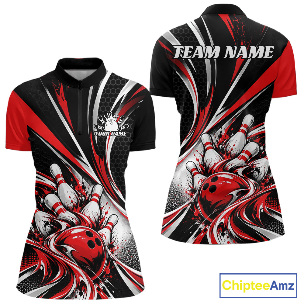 Black And Red Tournament Bowling Jersey, Custom Bowling Team Women Quarter-Zip Shirt IPHW12841