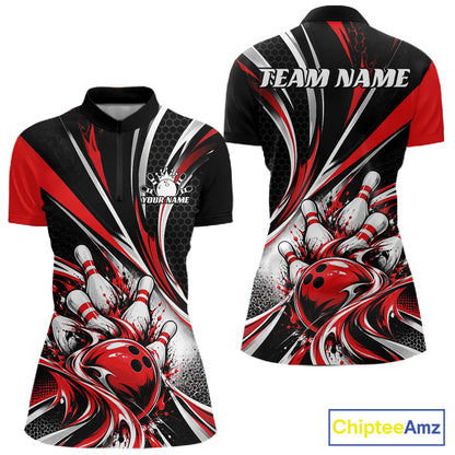 Black And Red Tournament Bowling Jersey, Custom Bowling Team Women Quarter-Zip Shirt IPHW12841