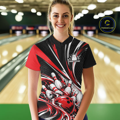 Black And Red Tournament Bowling Jersey, Custom Bowling Team Women Quarter-Zip Shirt IPHW12841