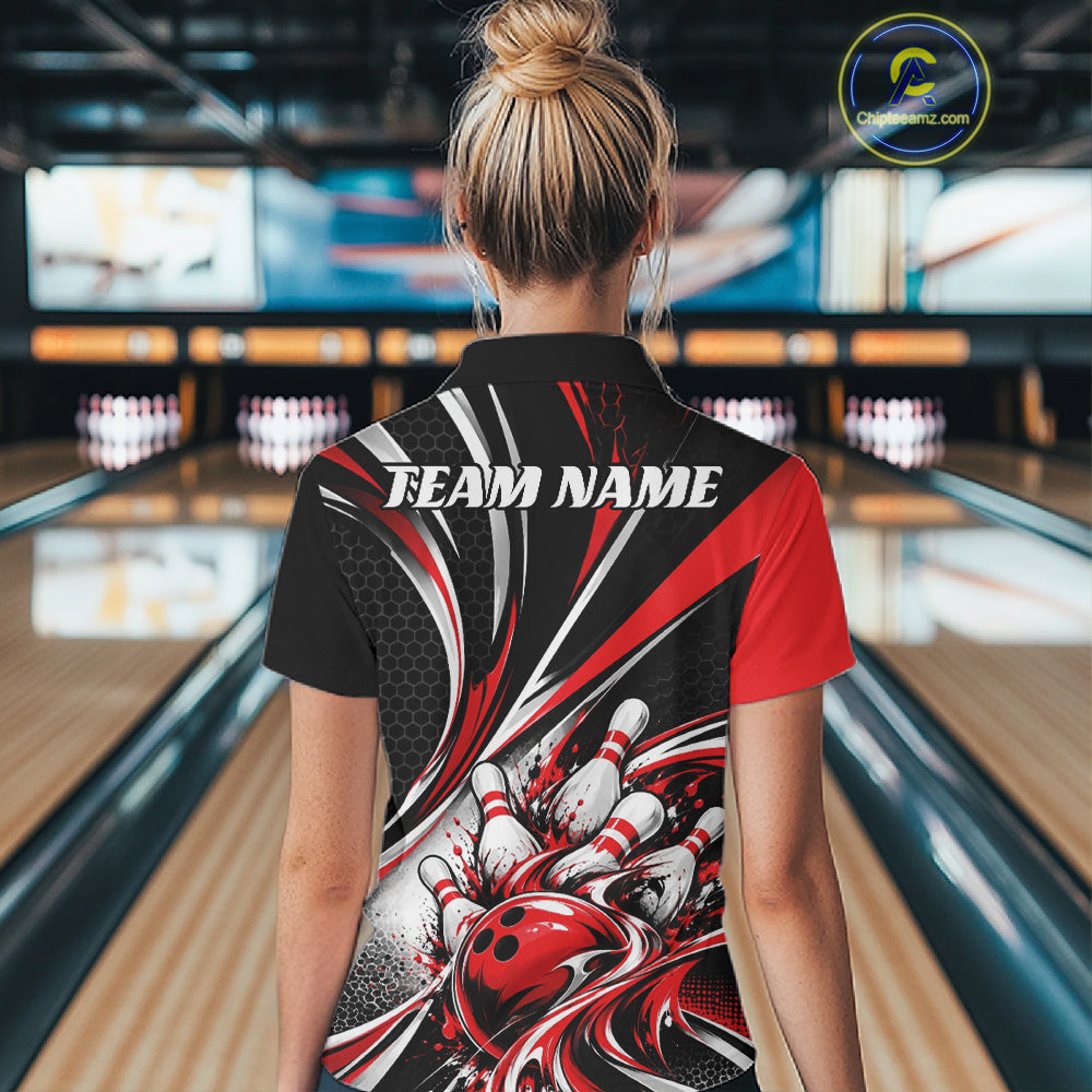 Black And Red Tournament Bowling Jersey, Custom Bowling Team Women Quarter-Zip Shirt IPHW12841