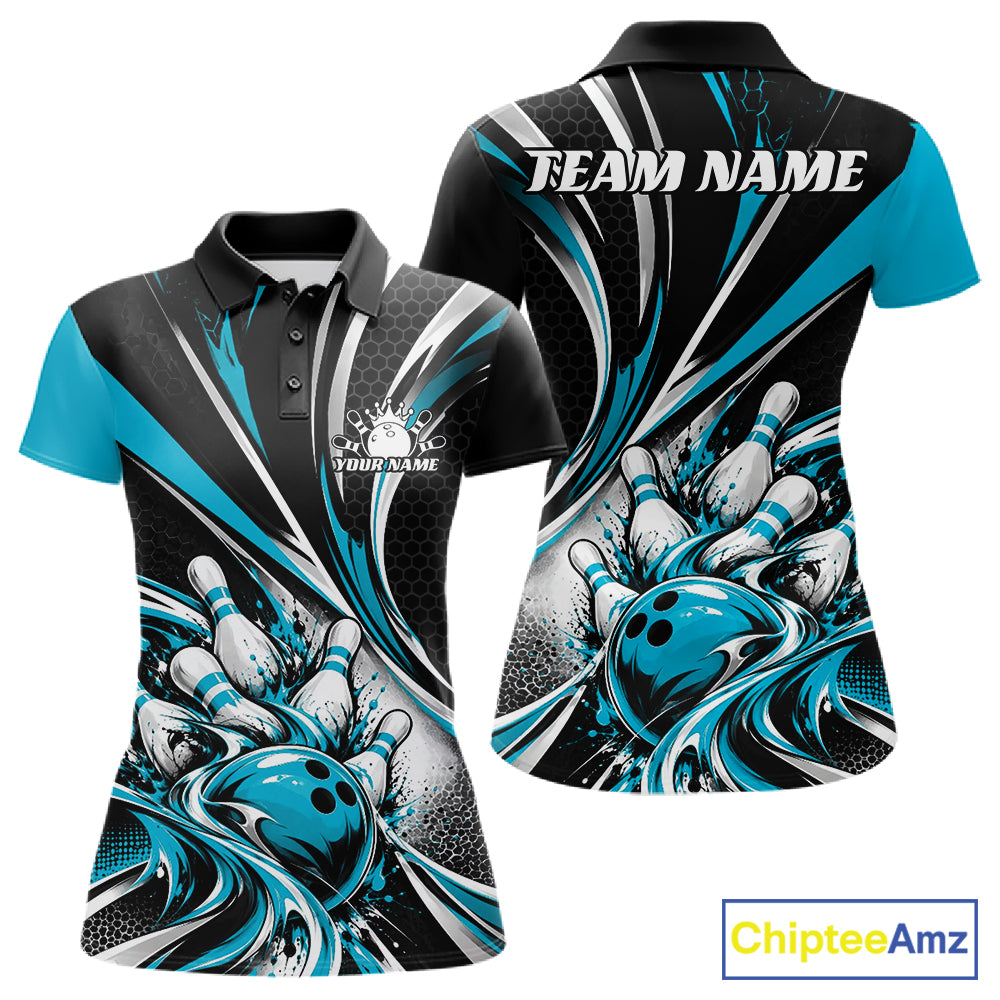 Black And Blue Tournament Bowling Jersey, Custom Bowling Team Women Polo Shirt IPHW12842