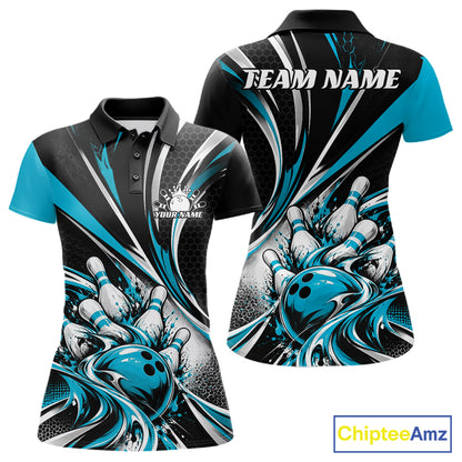 Black And Blue Tournament Bowling Jersey, Custom Bowling Team Women Polo Shirt IPHW12842