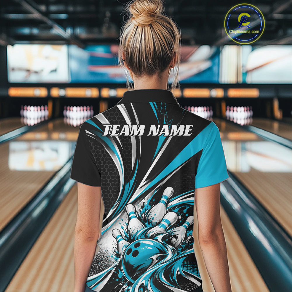 Black And Blue Tournament Bowling Jersey, Custom Bowling Team Women Polo Shirt IPHW12842