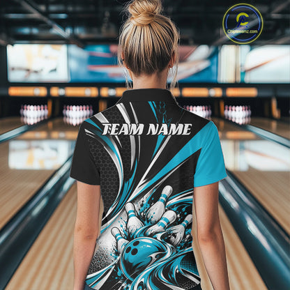Black And Blue Tournament Bowling Jersey, Custom Bowling Team Women Polo Shirt IPHW12842