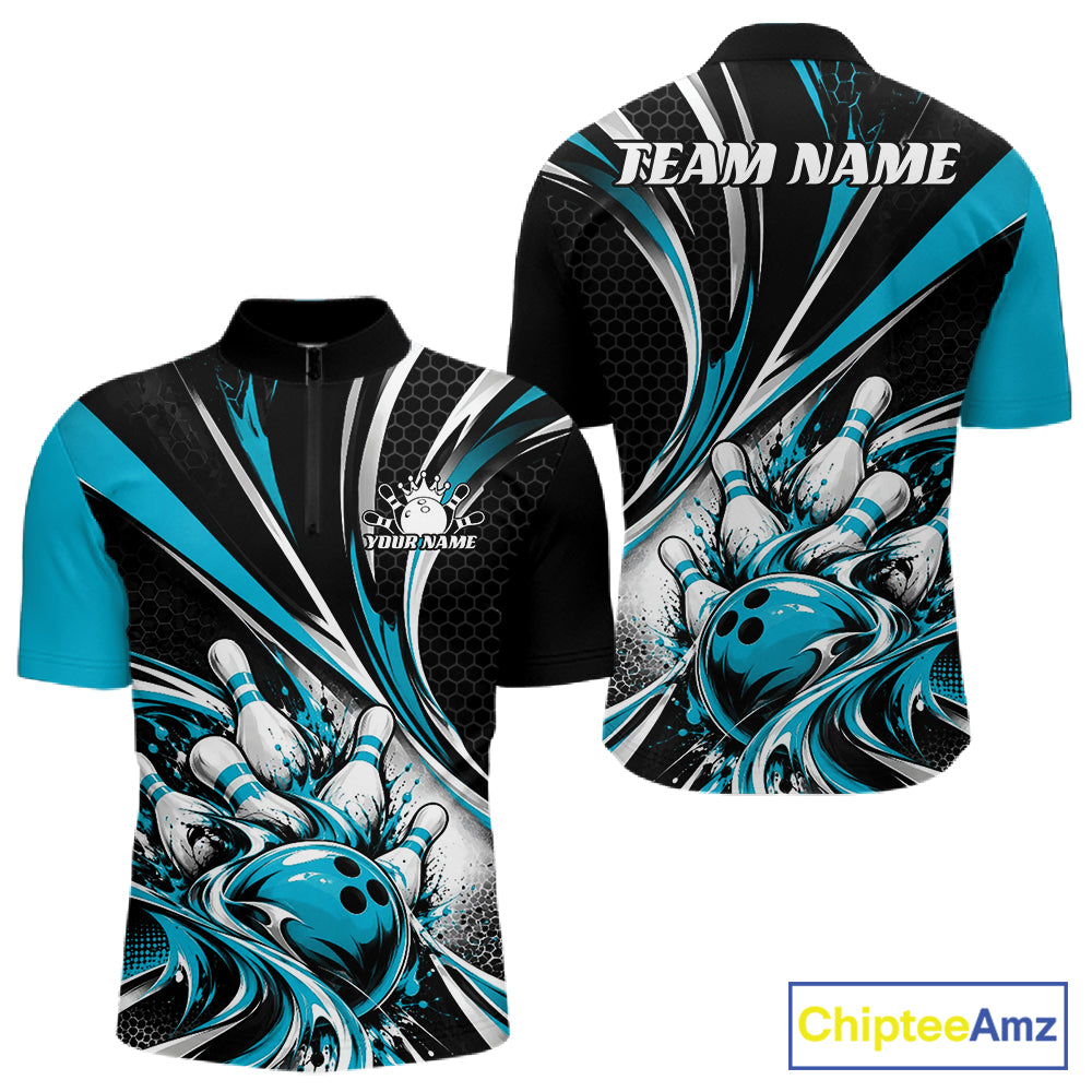 Black And Blue Tournament Bowling Jersey, Custom Bowling Team Men Quarter Zip Shirt IPHW12842