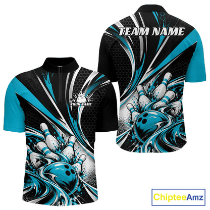 Black And Blue Tournament Bowling Jersey, Custom Bowling Team Men Quarter Zip Shirt IPHW12842