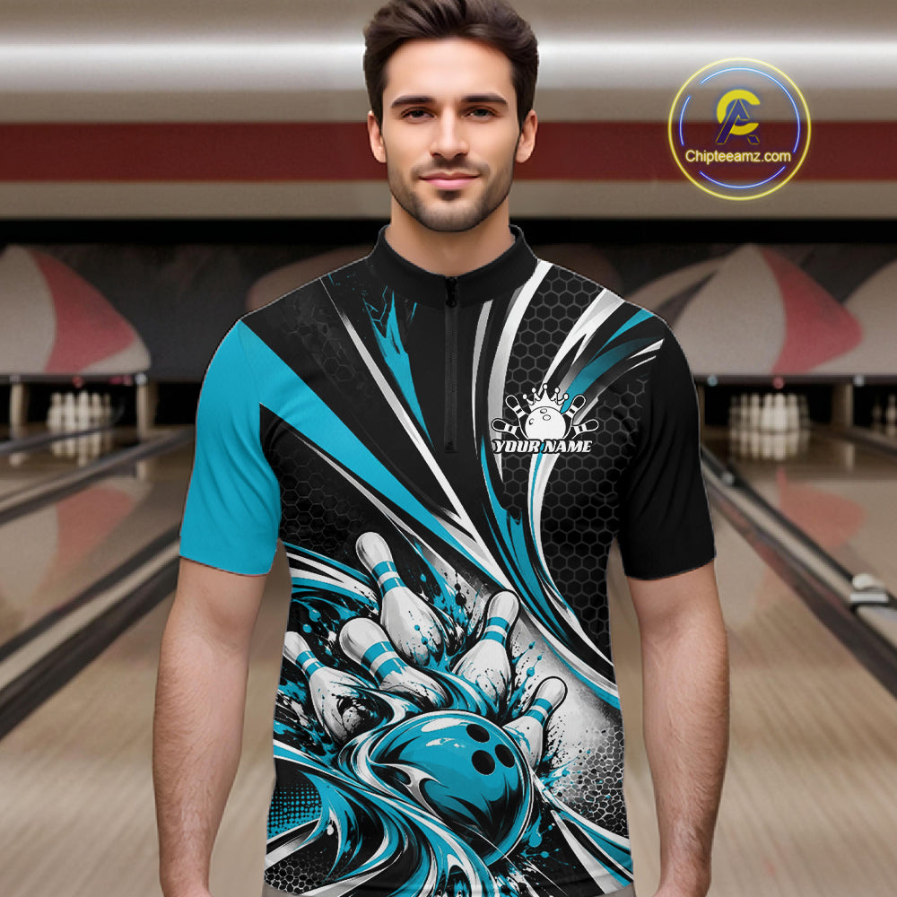 Black And Blue Tournament Bowling Jersey, Custom Bowling Team Men Quarter Zip Shirt IPHW12842