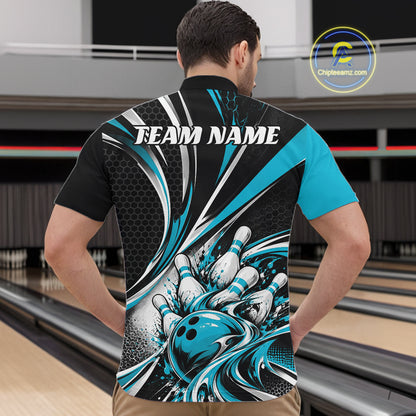 Black And Blue Tournament Bowling Jersey, Custom Bowling Team Men Quarter Zip Shirt IPHW12842