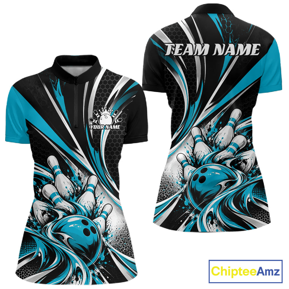 Black And Blue Tournament Bowling Jersey, Custom Bowling Team Women Quarter-Zip Shirt IPHW12842