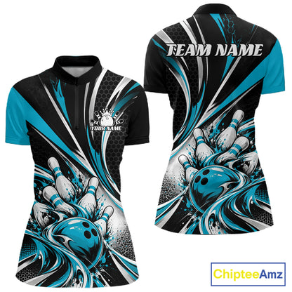 Black And Blue Tournament Bowling Jersey, Custom Bowling Team Women Quarter-Zip Shirt IPHW12842