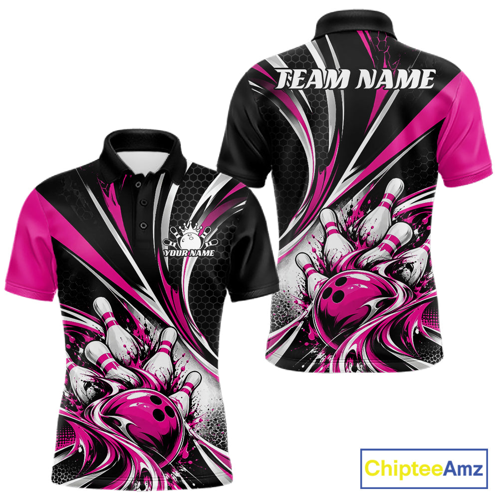 Black And Pink Tournament Bowling Jersey, Custom Bowling Team Men Polo Shirt IPHW12843