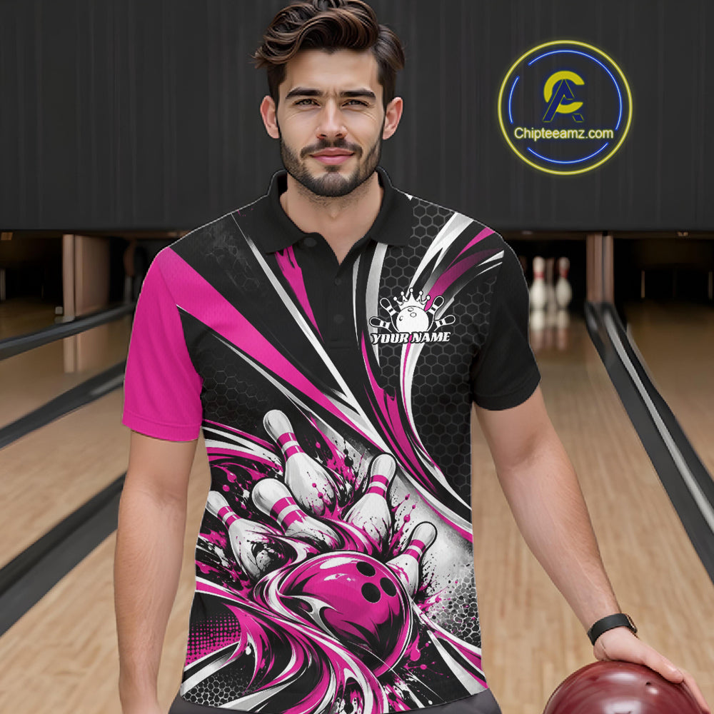 Black And Pink Tournament Bowling Jersey, Custom Bowling Team Men Polo Shirt IPHW12843