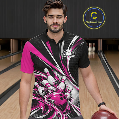 Black And Pink Tournament Bowling Jersey, Custom Bowling Team Men Polo Shirt IPHW12843