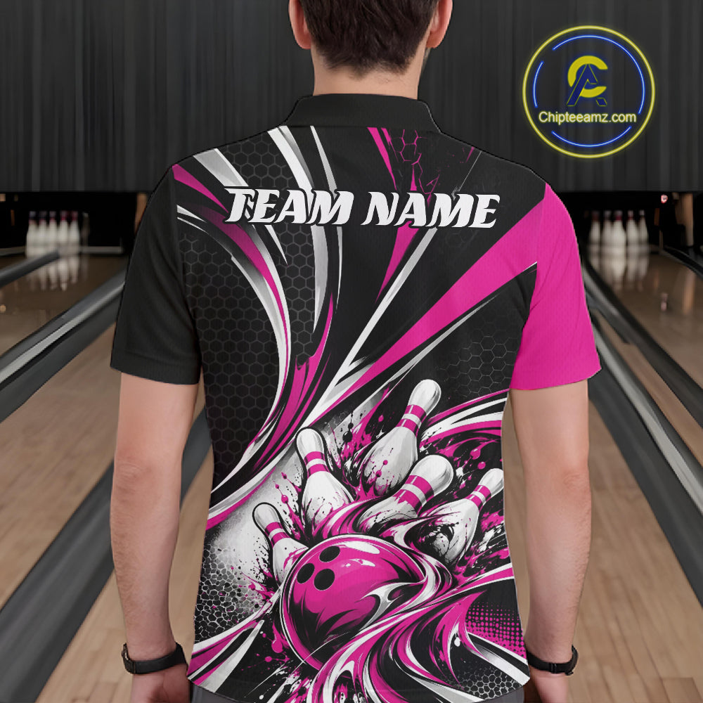 Black And Pink Tournament Bowling Jersey, Custom Bowling Team Men Polo Shirt IPHW12843