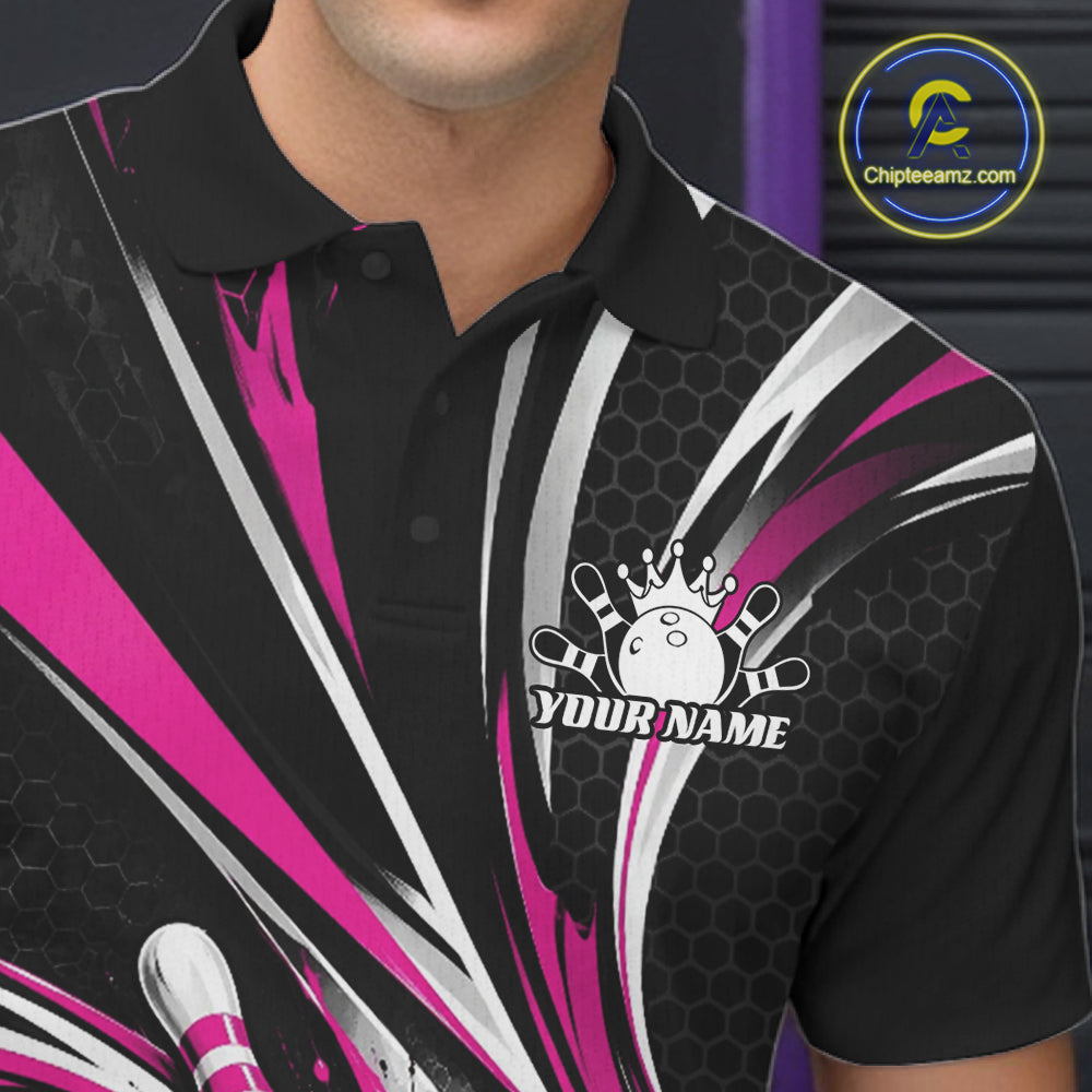 Black And Pink Tournament Bowling Jersey, Custom Bowling Team Men Polo Shirt IPHW12843