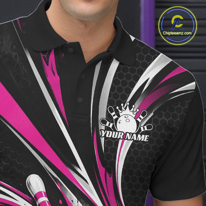 Black And Pink Tournament Bowling Jersey, Custom Bowling Team Men Polo Shirt IPHW12843