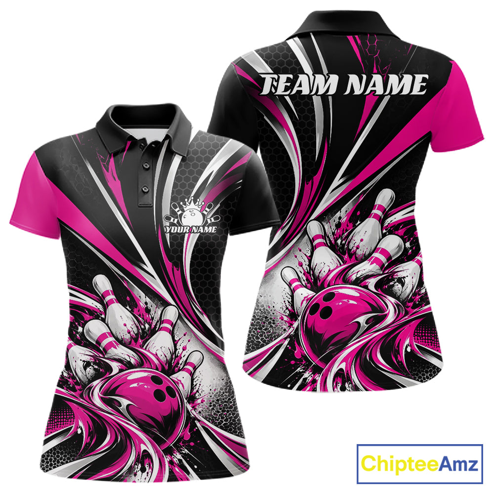 Black And Pink Tournament Bowling Jersey, Custom Bowling Team Women Polo Shirt IPHW12843