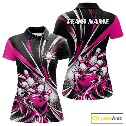 Black And Pink Tournament Bowling Jersey, Custom Bowling Team Women Polo Shirt IPHW12843