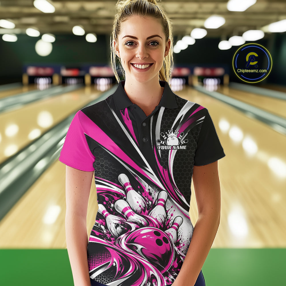 Black And Pink Tournament Bowling Jersey, Custom Bowling Team Women Polo Shirt IPHW12843