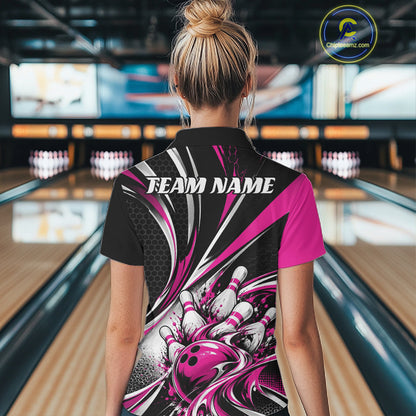 Black And Pink Tournament Bowling Jersey, Custom Bowling Team Women Polo Shirt IPHW12843