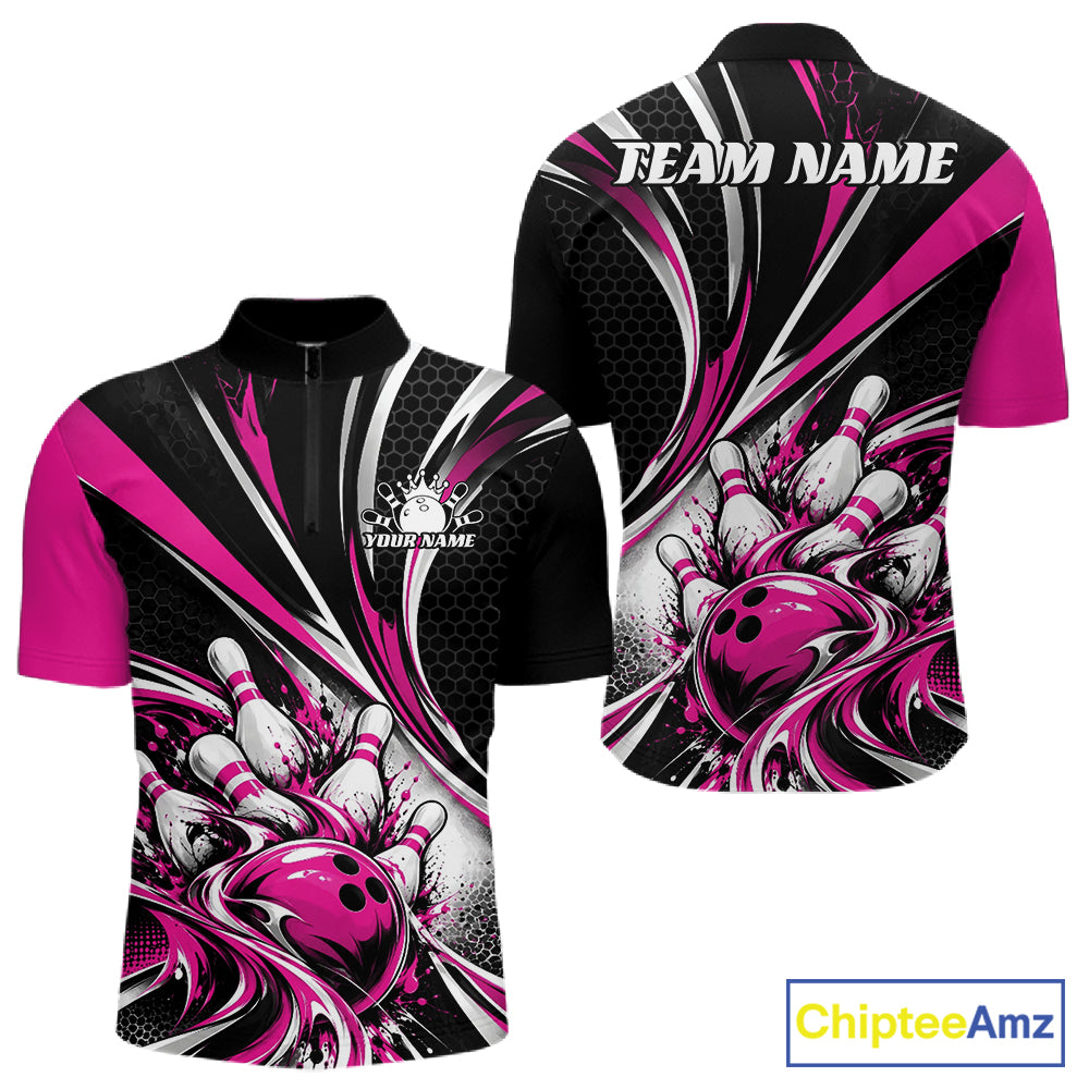 Black And Pink Tournament Bowling Jersey, Custom Bowling Team Men Quarter Zip Shirt IPHW12843