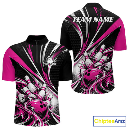 Black And Pink Tournament Bowling Jersey, Custom Bowling Team Men Quarter Zip Shirt IPHW12843