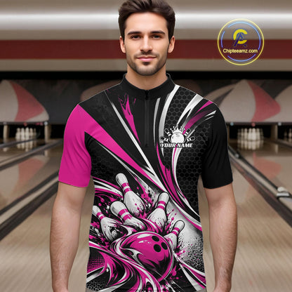 Black And Pink Tournament Bowling Jersey, Custom Bowling Team Men Quarter Zip Shirt IPHW12843