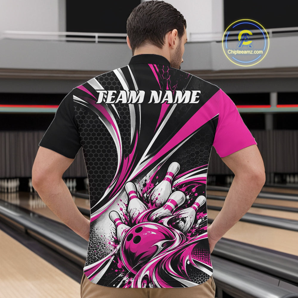 Black And Pink Tournament Bowling Jersey, Custom Bowling Team Men Quarter Zip Shirt IPHW12843