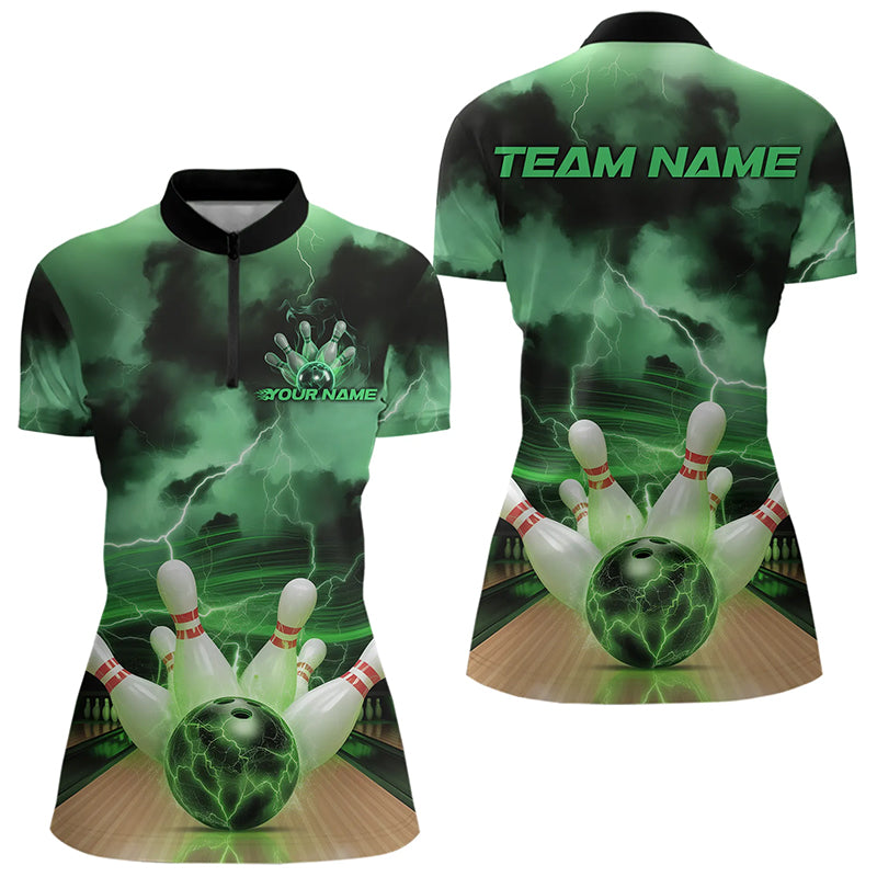 Green Thunder Lightning Custom Bowling Quarter-Zip Shirts For Women, Bowling League Shirt Outfits IPHW8058