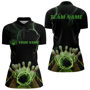 Black And Green Thunder Lightning Custom Bowling Quarter-Zip Shirts For Women, Bowling Team Uniform IPHW8062